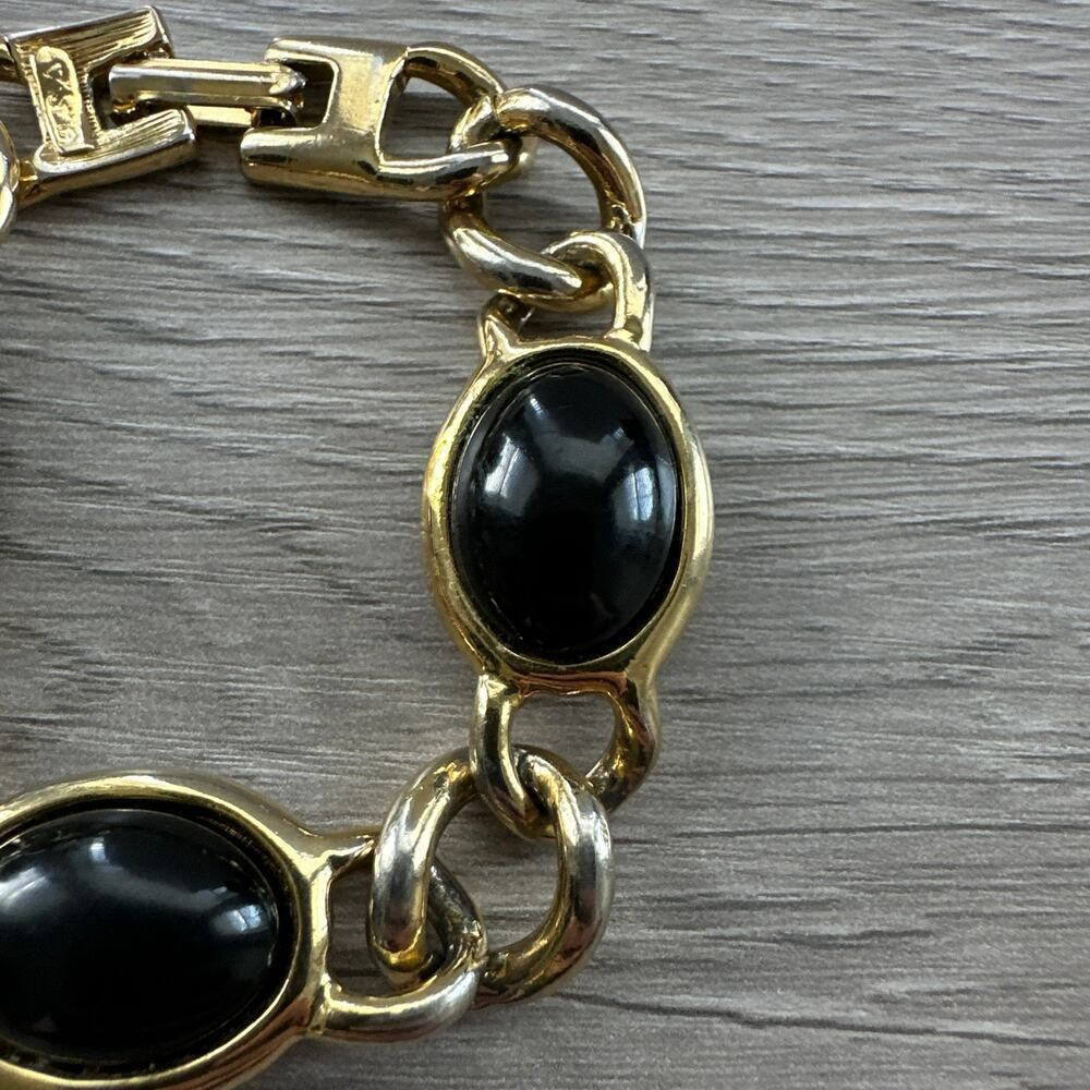 Gold Tone Link Bracelet Black Stones Rounded Ovals c 1950s Jewelry Cabochon - Picture 3 of 7